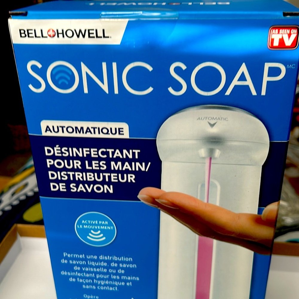 A Bell & Howell Hand sanitizer & Soap dispenser is Motion activated. It’s NIB!